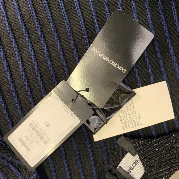 EMPORIO ARMANI Size S Black Navy Viscose Blend Stripe Mock Neck Dress Top - Picture 5 of 9